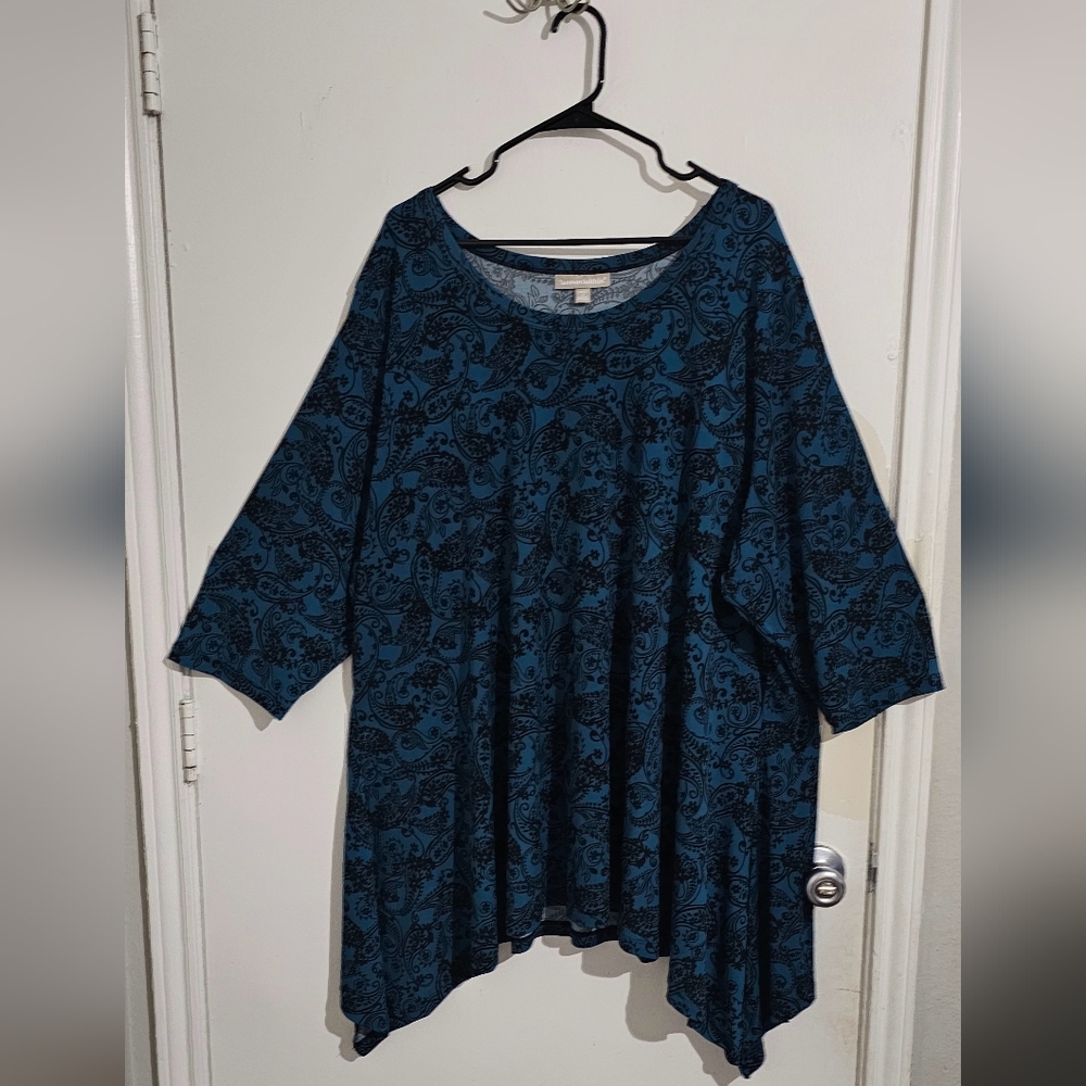 Woman‎ Within High Low Hem Paisley Tunic Women Top 3X Black Blue Lagenlook Boho